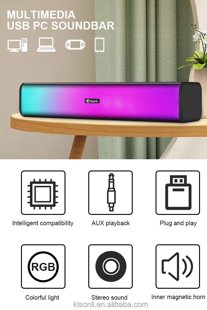 Kisonli i-630 Soundbar Speaker Multimedia Wired RGB –  3W*2.0 Channel speaker (Total 6W) – Wired USB 2.0 Power + 3.5 mm audio plug  – Dynamic RGB Lighting for Gaming / Music/ Computer and Laptop , Mobile | Black - Image 2