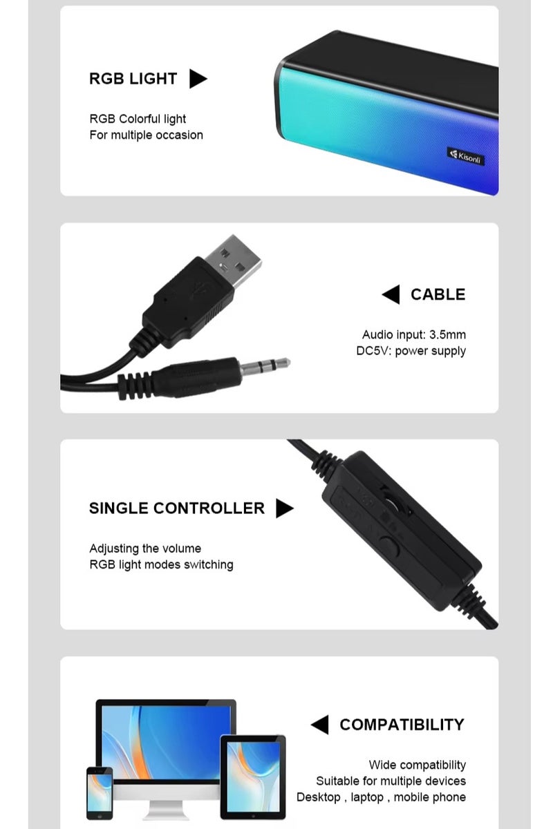 Kisonli i-630 Soundbar Speaker Multimedia Wired RGB –  3W*2.0 Channel speaker (Total 6W) – Wired USB 2.0 Power + 3.5 mm audio plug  – Dynamic RGB Lighting for Gaming / Music/ Computer and Laptop , Mobile | Black - Image 3