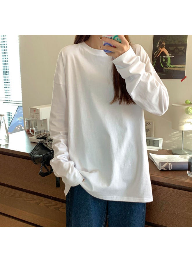 Private Brand 200g Combed Cotton Long Sleeve T-shirt Women's Loose Fit White Base Layer Autumn Wear Inner Top Pure White T-shirt Dropshipping - Image 2