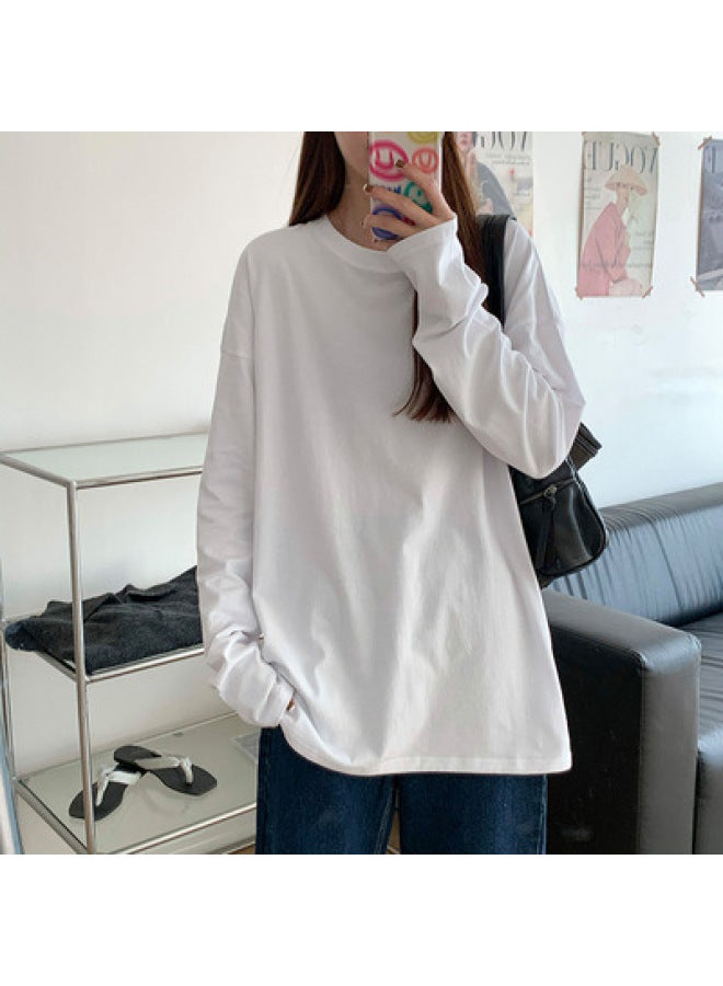 Private Brand 200g Combed Cotton Long Sleeve T-shirt Women's Loose Fit White Base Layer Autumn Wear Inner Top Pure White T-shirt Dropshipping - Image 1