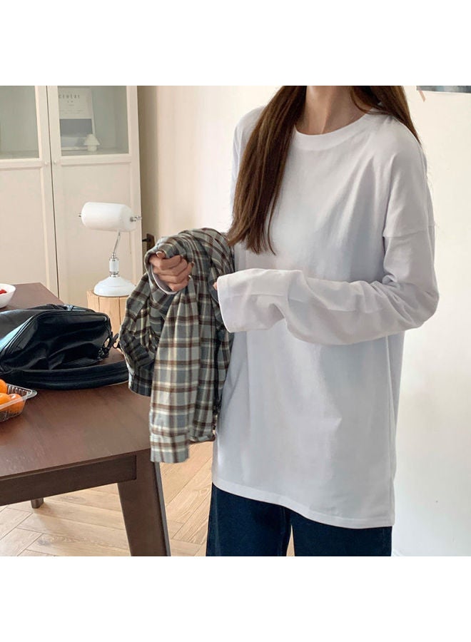 Private Brand 200g Combed Cotton Long Sleeve T-shirt Women's Loose Fit White Base Layer Autumn Wear Inner Top Pure White T-shirt Dropshipping - Image 3