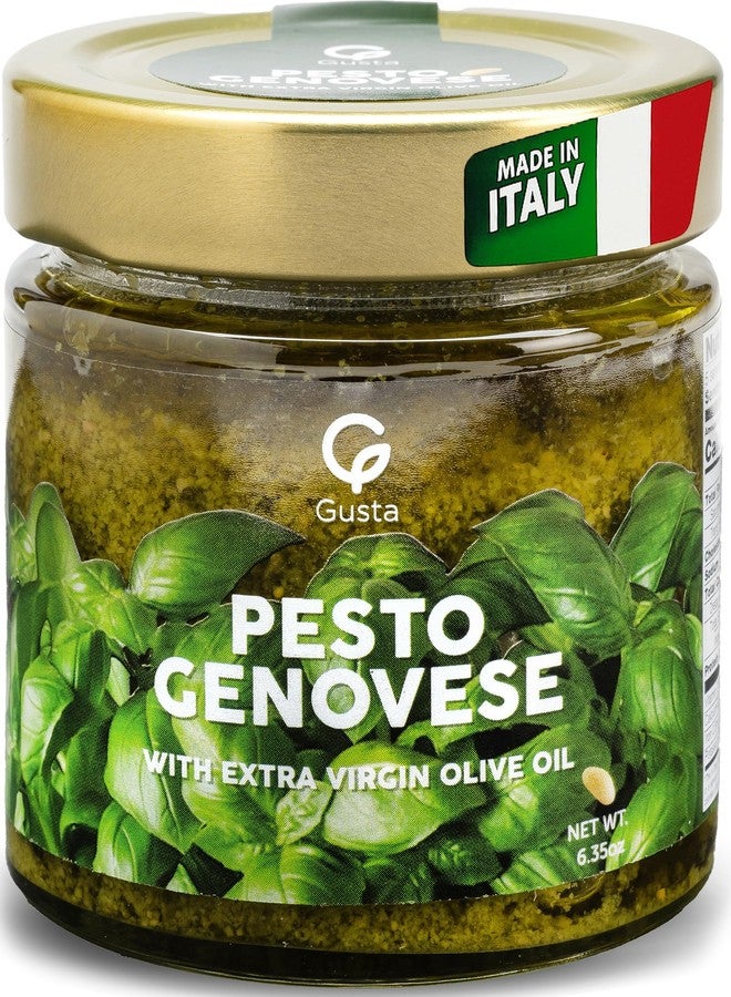 Gusta Imported Italian Fresh Basil Pesto Sauce - Extra Creamy - Extra Virgin Olive Oil, Cheese & Nuts - Delicious & Authentic Pasta Sauce and Spread - Home Made Style - 6.35 oz Glass Jar - Image 1
