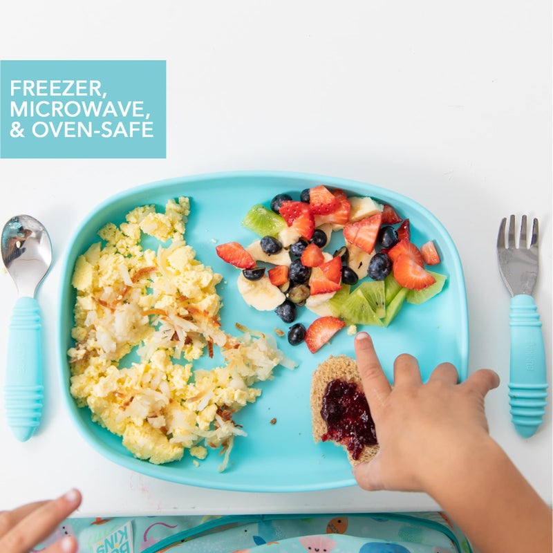 Bumkins Toddler and Baby Suction Plate, Silicone Grip Dish Large Tray for Big Kids, Fits Most Highchairs, Essential Children Feeding Supplies, Non Skid Sticky Bottom, Platinum Silicone, Blue - Image 4