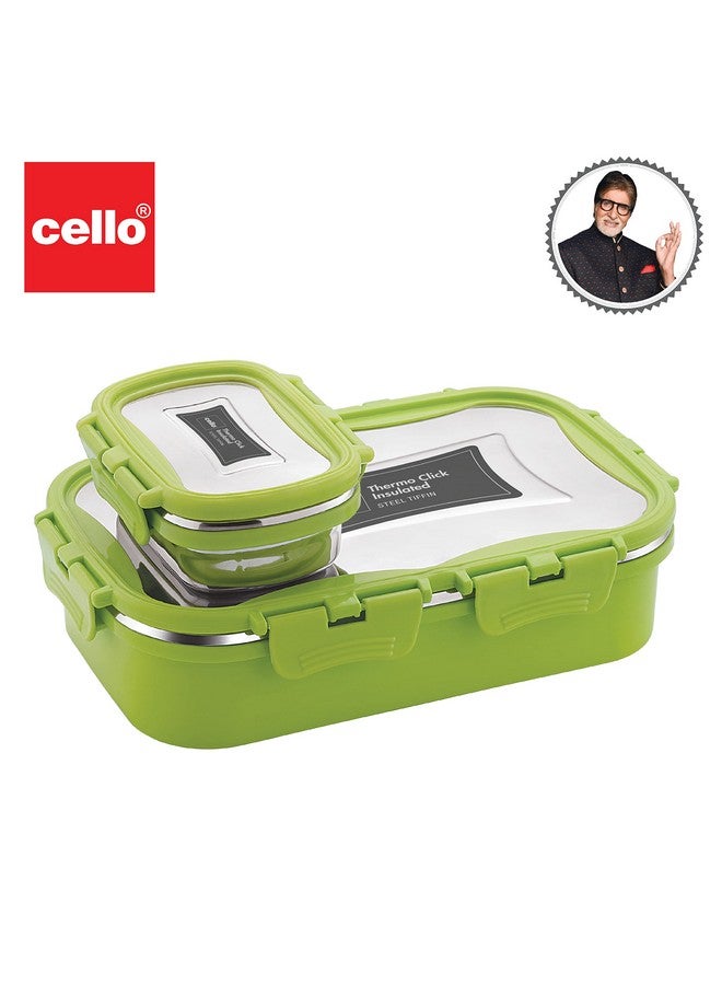 Cello CELLO Thermo Click Big Steel Insulated Lunch Box, Green | Tiffin for Men & Women | Snacks Tiffin for Kids | Leak-Proof & Unbreakable Lid with 4 Sided Click Lock | Ideal for Office, School, College  - Image 2