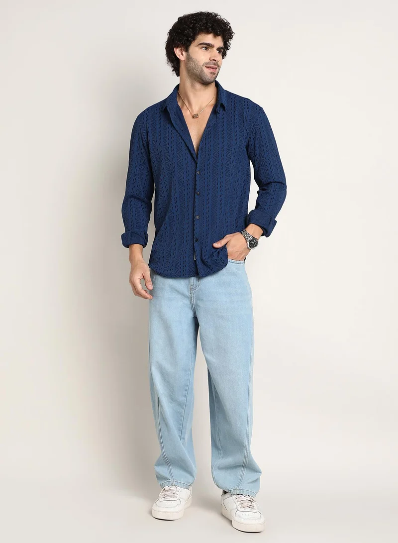 Campus Sutra Campus Sutra Men's Indigo Blue Chevron-Loop Shirt For Casual Wear | Mid-Rise | Regular Fit | Button Closure | Shirt Crafted With Comfort Fit For Everyday Wear