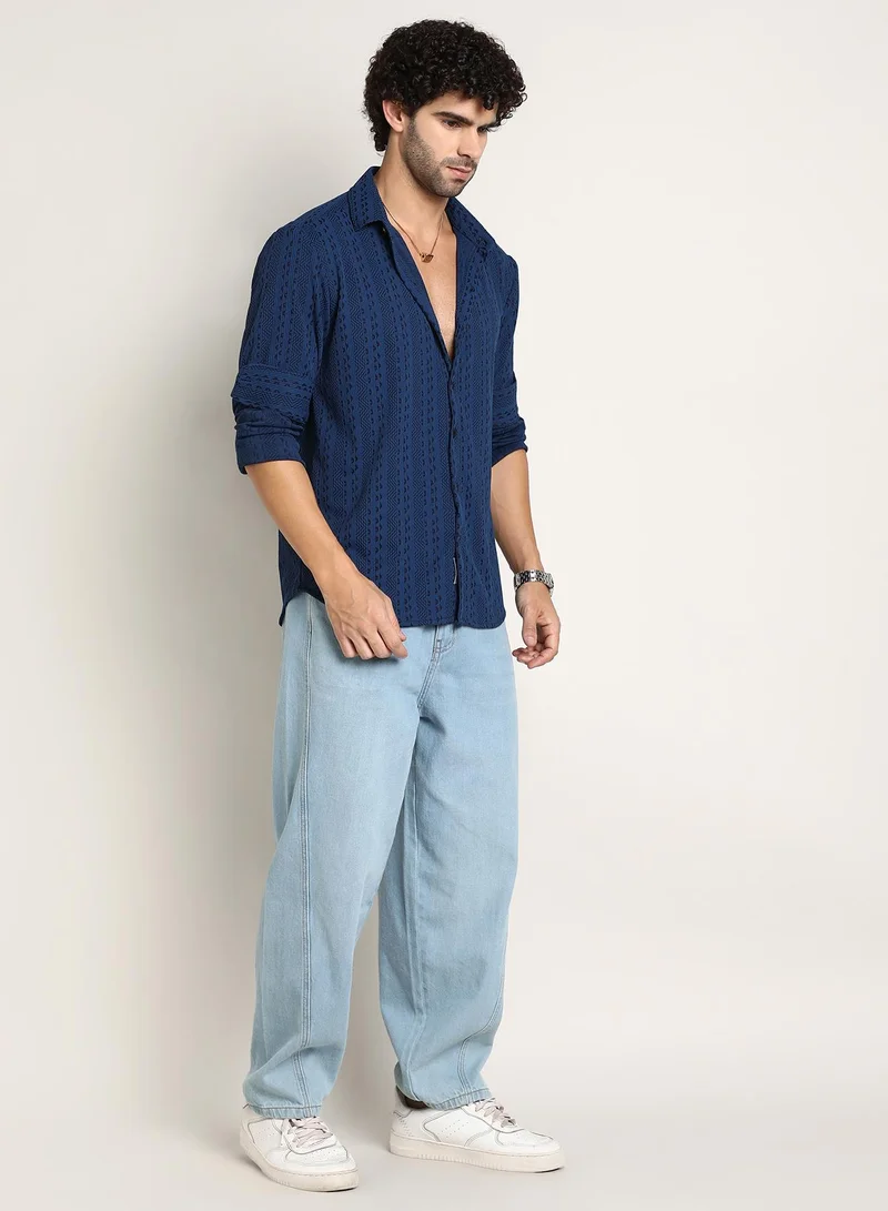 Campus Sutra Campus Sutra Men's Indigo Blue Chevron-Loop Shirt For Casual Wear | Mid-Rise | Regular Fit | Button Closure | Shirt Crafted With Comfort Fit For Everyday Wear
