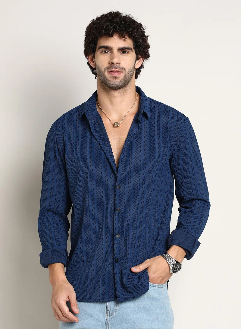 Campus Sutra Campus Sutra Men's Indigo Blue Chevron-Loop Shirt For Casual Wear | Mid-Rise | Regular Fit | Button Closure | Shirt Crafted With Comfort Fit For Everyday Wear