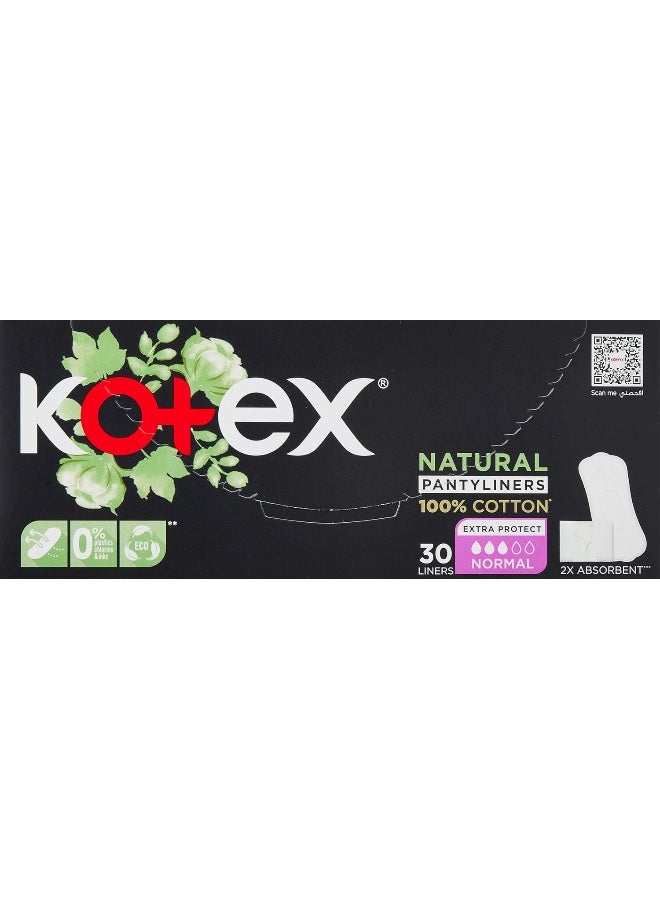 Kotex Natural Panty Liners, 100% Cotton, Normal Size, 30 Daily Panty Liners - Image 1