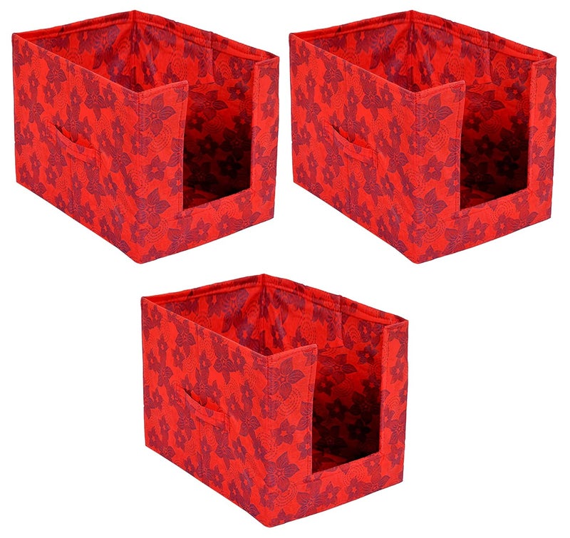 Kuber Industries Saree Organizer for WardrobeCloset Storage Box and Clothing Organiser for Women Clothes With Metalic Flower Print Pack of 3 Red - Image 1