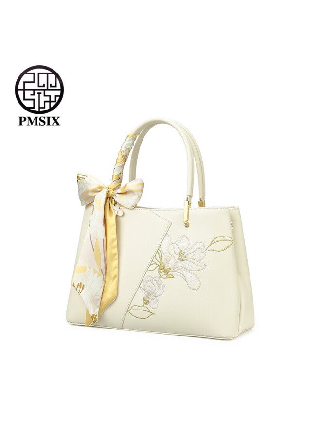 Pmsix Mother's Day Gift, Practical Present For Mom, Chinese-style New Design, Large Capacity, Crossbody And Handheld, Embroidered Cowhide Bag - Image 1