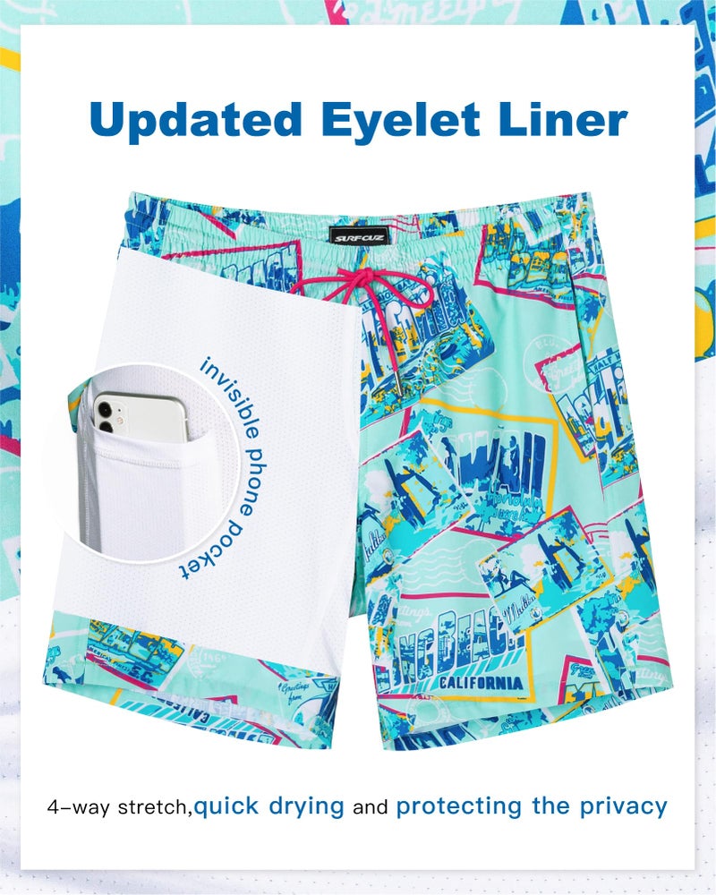 SURF CUZ Mens Swim Trunks with Compression Liner Quick Dry Swim Shorts 7" Swimming Trunks Stretch Bathing Suit 7 Inch,Beach Snapshot,M - Image 3
