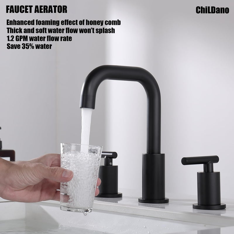 ChiLDano Widespread Bathroom Faucet Matte Black, 8 inch 2 Handles 3 Hole Black Bathroom Faucet with Pop Up Drain Assembly and Water Faucet Supply Hose, Black Bathroom Faucets for Sink 3 Hole CH3166BK - Image 4