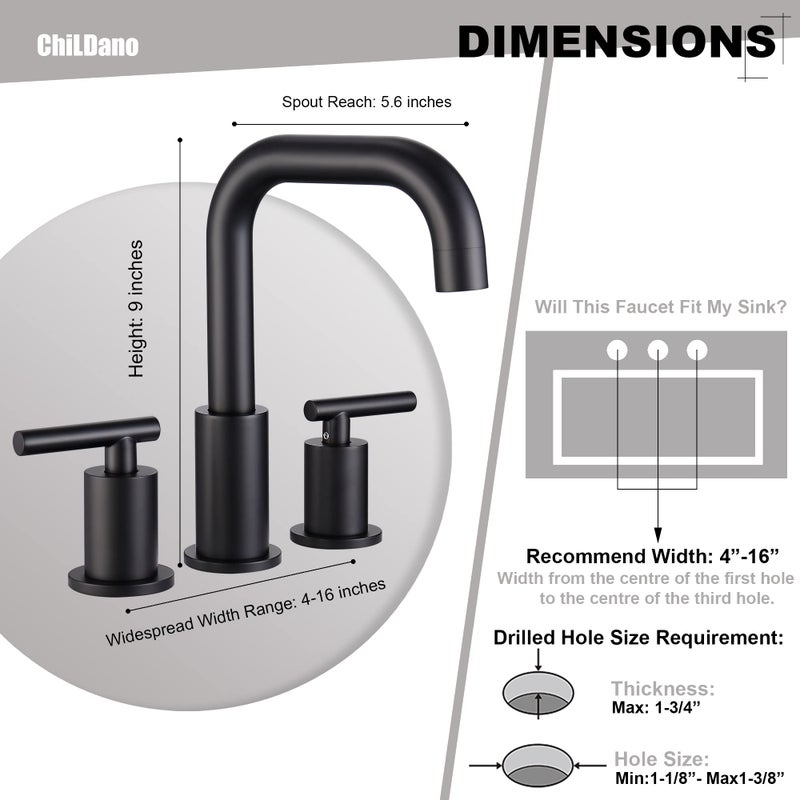 ChiLDano Widespread Bathroom Faucet Matte Black, 8 inch 2 Handles 3 Hole Black Bathroom Faucet with Pop Up Drain Assembly and Water Faucet Supply Hose, Black Bathroom Faucets for Sink 3 Hole CH3166BK - Image 2