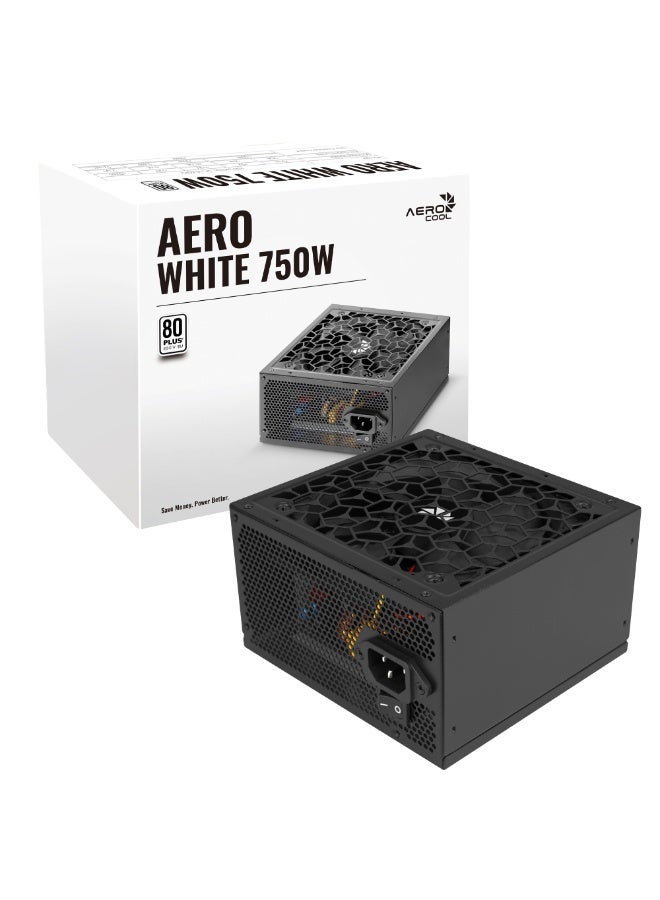 AeroCool AERO WHITE 750W Power Supply | ATX 3.1 Compatible | 80 PLUS 230V EU White Certified | Active PFC | DC-to-DC Conversion | Silent 12cm Fan | Japanese 105°C Capacitors | Multi-Protection System (OVP/UVP/OPP/SCP/OCP/OTP) | High Efficiency PSU for Gaming PC | Flat Black Cables | Reliable 750W Output | Durable Mesh Design | EU Power Cord Included - Image 1