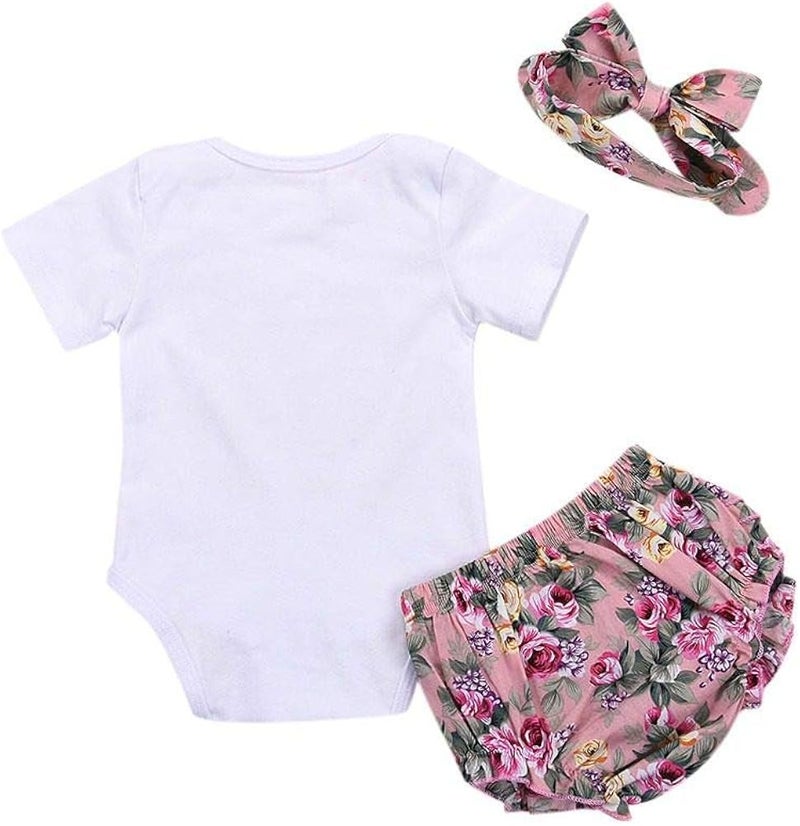 ويوبلز طقم ملابس صيفي مكون من 3 قطع للبنات الصغيرات: بلوزة قصيرة الأكمام مطبوعة + شورت مزين بالزهور + ربطة رأس - Image 3