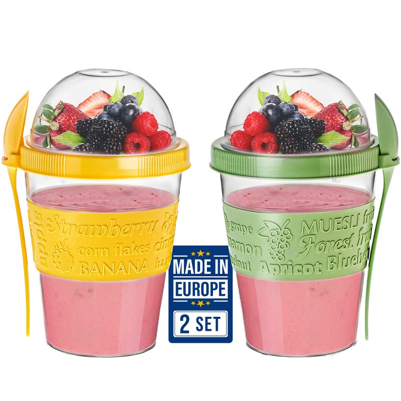 Yogurt Parfait Cups for Breakfast Oatmeal or Fruit Container Snack Bowl and Spoon for Lunch Box Portable  Reusable 2 PCs Green  Yellow