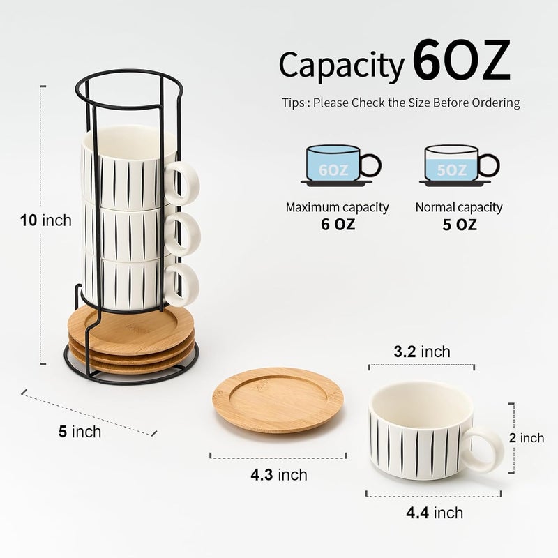 LUKA 6 Ounce Porcelain Stackable Espresso Cups with Saucers and Metal Stand Set of 4 Ceramic Cappuccino Cups Set for Specialty Coffee Drinks Latte Cafe Mocha and Tea Stripes White - Image 2