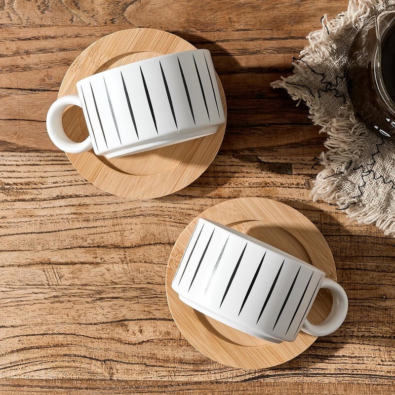 LUKA 6 Ounce Porcelain Stackable Espresso Cups with Saucers and Metal Stand Set of 4 Ceramic Cappuccino Cups Set for Specialty Coffee Drinks Latte Cafe Mocha and Tea Stripes White - Image 5