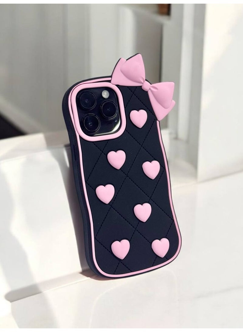 iPhone 16 pro max  Case Phone Cases,Cute 3D Cartoon Black Silicone Phone Case with Pink Love Bow Soft Shockproof Protective Case Funny for - Image 3