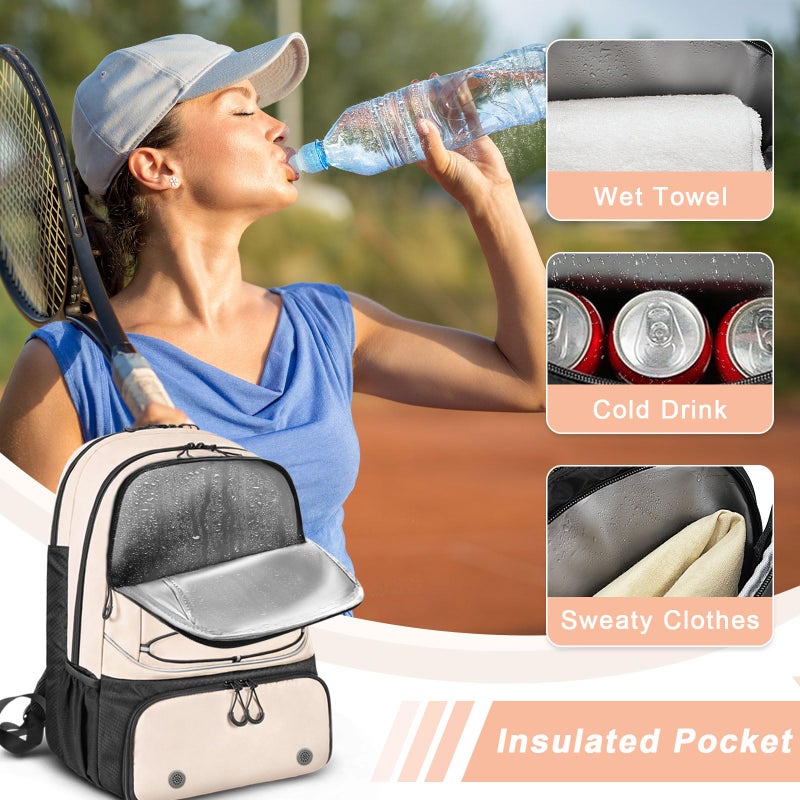 Arcoyard Tennis Bag, Large Tennis Bags For Women, Tennis Backpack with Ventilated Shoe Compartment and Insulated Pocket, Hold 2 Tennis Pickleball Rackets, Tennis Pickleball Balls and More, Beige - Image 3