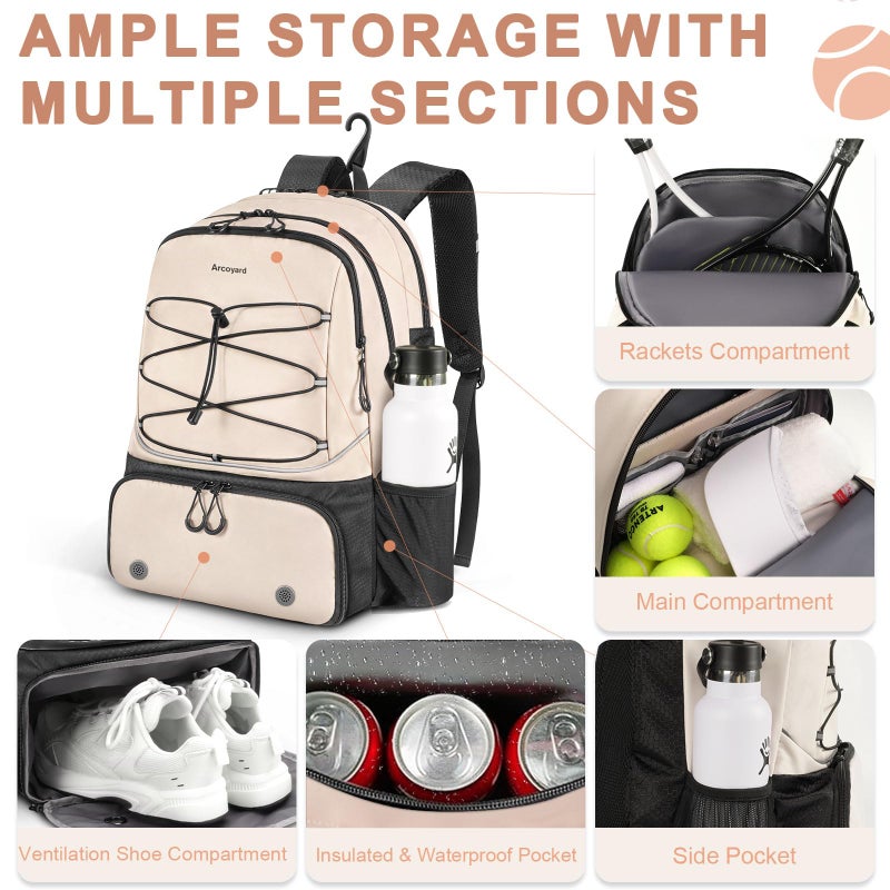 Arcoyard Tennis Bag, Large Tennis Bags For Women, Tennis Backpack with Ventilated Shoe Compartment and Insulated Pocket, Hold 2 Tennis Pickleball Rackets, Tennis Pickleball Balls and More, Beige - Image 2