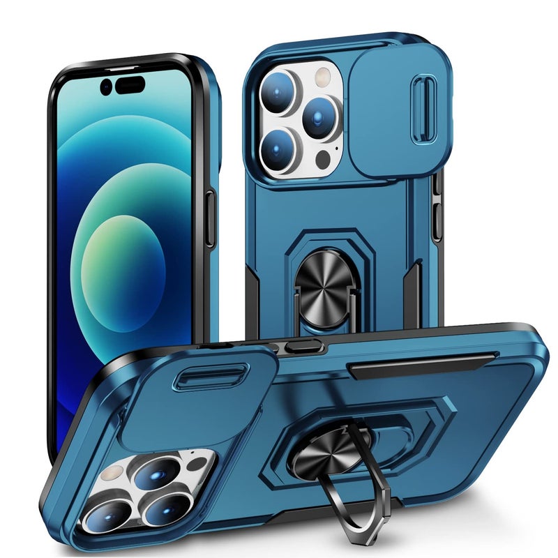 ShieldTech Back Cover Case Compatible for Apple iPhone 15 Pro Max with Slide Camera Cover & Rotated Ring Stand | Military Grade Mobile Phone Cover Case for Apple iPhone 15 Pro Max (Blue) - Image 1