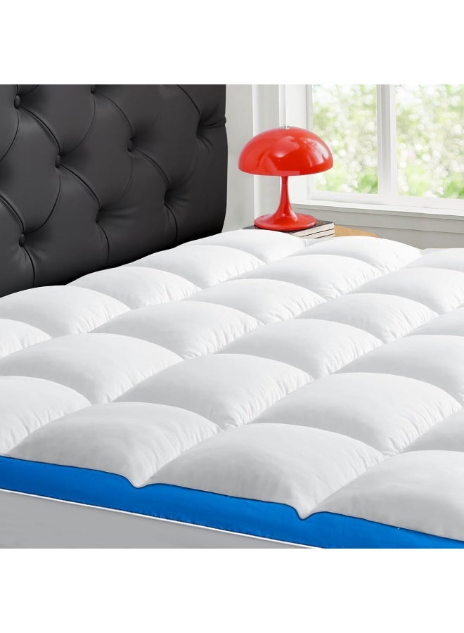 CYMULA CYMULA Mattress Topper Queen Size, PillowTop Mattress Pad Cover for Bed Back Pain, Cooling Mattress Protector Extra Thick Firm Soft Floor Fill Overfilled with 8-21 Inch Deep Pocket, 60"x80" White  - Image 1