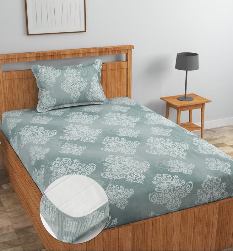 NEW LEAF Premium Cotton Elastic Fitted Bedsheets with 1 Pillow Covers |Solid or Plain Single Bed Elastic 220 TC Supersoft Breathable & Wrinklefree | for 72x36+6 Inches, Silver & White - Image 4