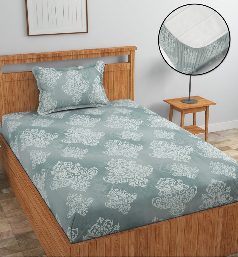 NEW LEAF Premium Cotton Elastic Fitted Bedsheets with 1 Pillow Covers |Solid or Plain Single Bed Elastic 220 TC Supersoft Breathable & Wrinklefree | for 72x36+6 Inches, Silver & White - Image 1