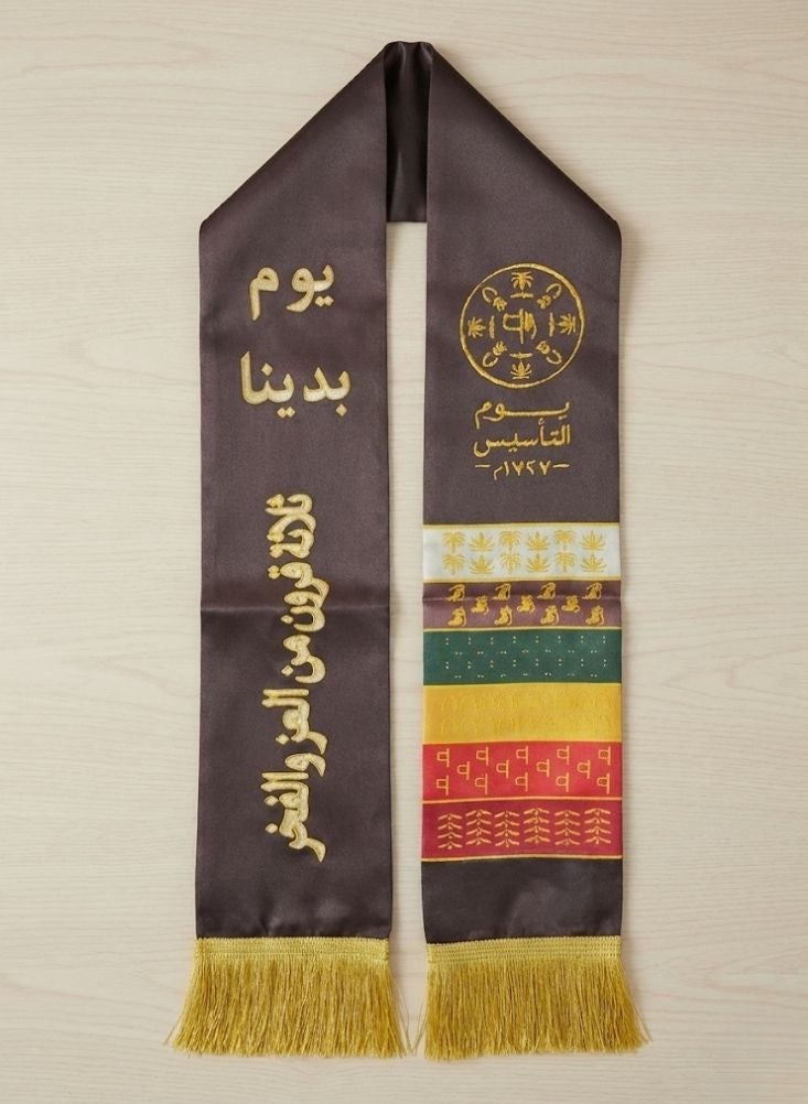 بريميم وشاح ثقافي للأطفال بمناسبة يوم تأسيس المملكة العربية السعودية، مزين بنقوش نجدية - إكسسوار تقليدي للاحتفالات - Image 4