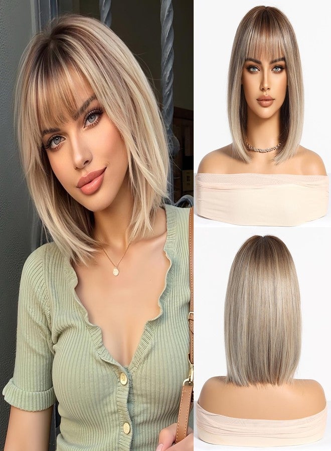 اسمي شعر مستعار قصير أشقر مستقيم من إسمي، بتصميم بوب مع غرة، يصل طوله إلى الكتف، مصنوع من مواد صناعية متدرجة الألوان، مناسب للاستخدام اليومي والحفلات التنكرية. - Image 1