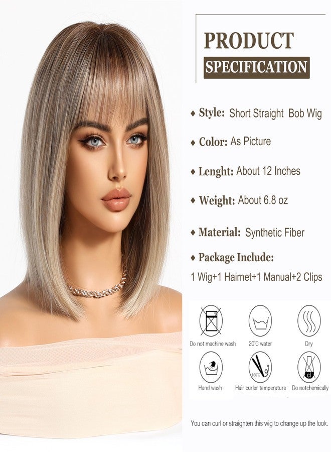 اسمي شعر مستعار قصير أشقر مستقيم من إسمي، بتصميم بوب مع غرة، يصل طوله إلى الكتف، مصنوع من مواد صناعية متدرجة الألوان، مناسب للاستخدام اليومي والحفلات التنكرية. - Image 2