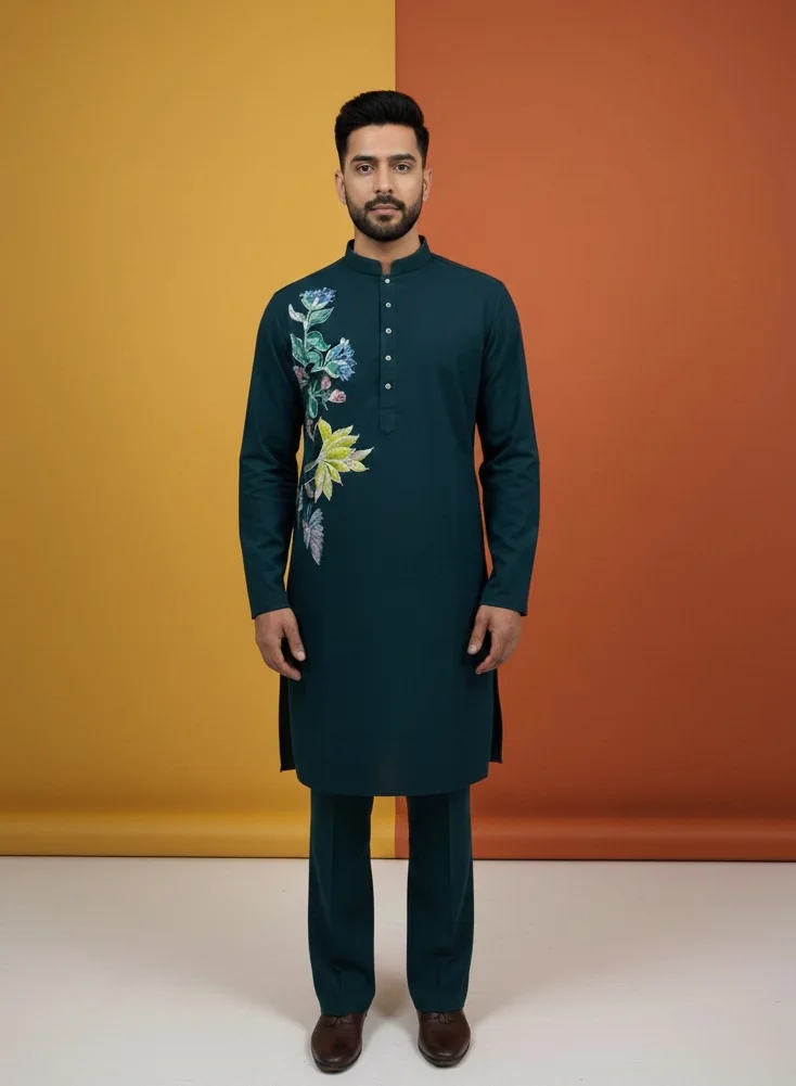 Lehar Blue Embroidered Cotton Kurta Co-rd Set with Bootcut Pants