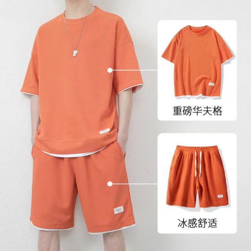 Cross-border 2023 New Casual suit Mens Summer Youth plus size Mens Sports Loose Short Sleeve Short Trend Orange suit