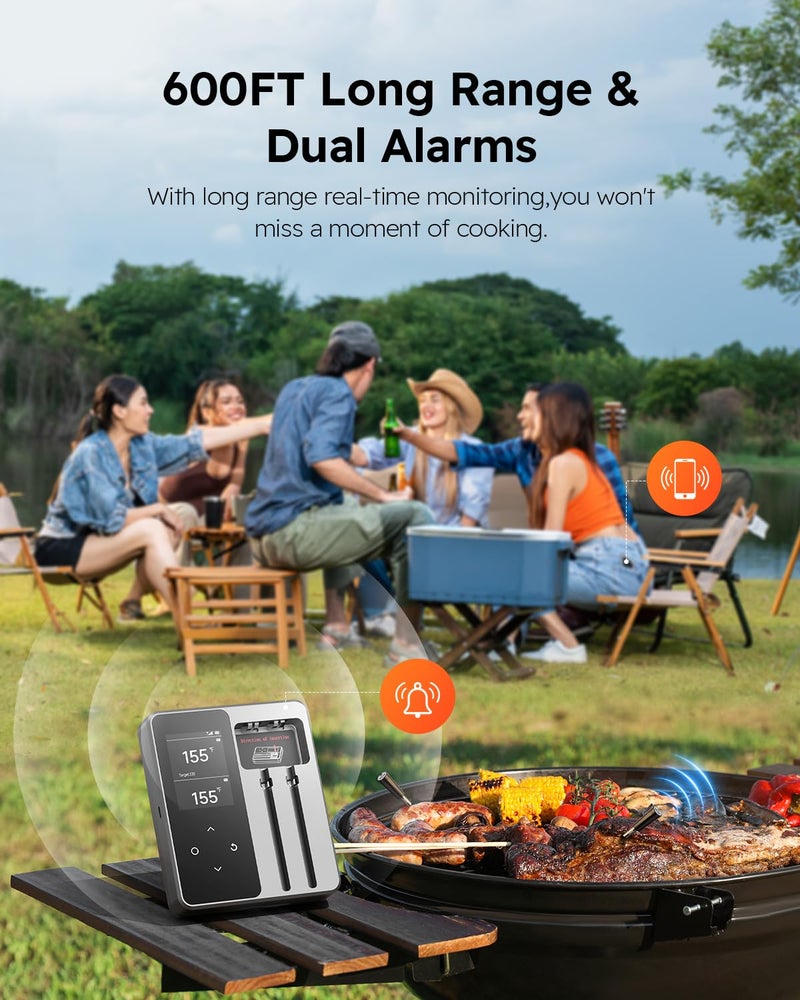 KAMDKI Wireless Meat Thermometer with App Control, 600FT Bluetooth Range, Dual Probes & 6 Sensors, 0.5S Instant Read, LCD Display, IP67 Waterproof Real-Time Monitoring & Smart Alerts for BBQ, Grill, Oven - Image 4