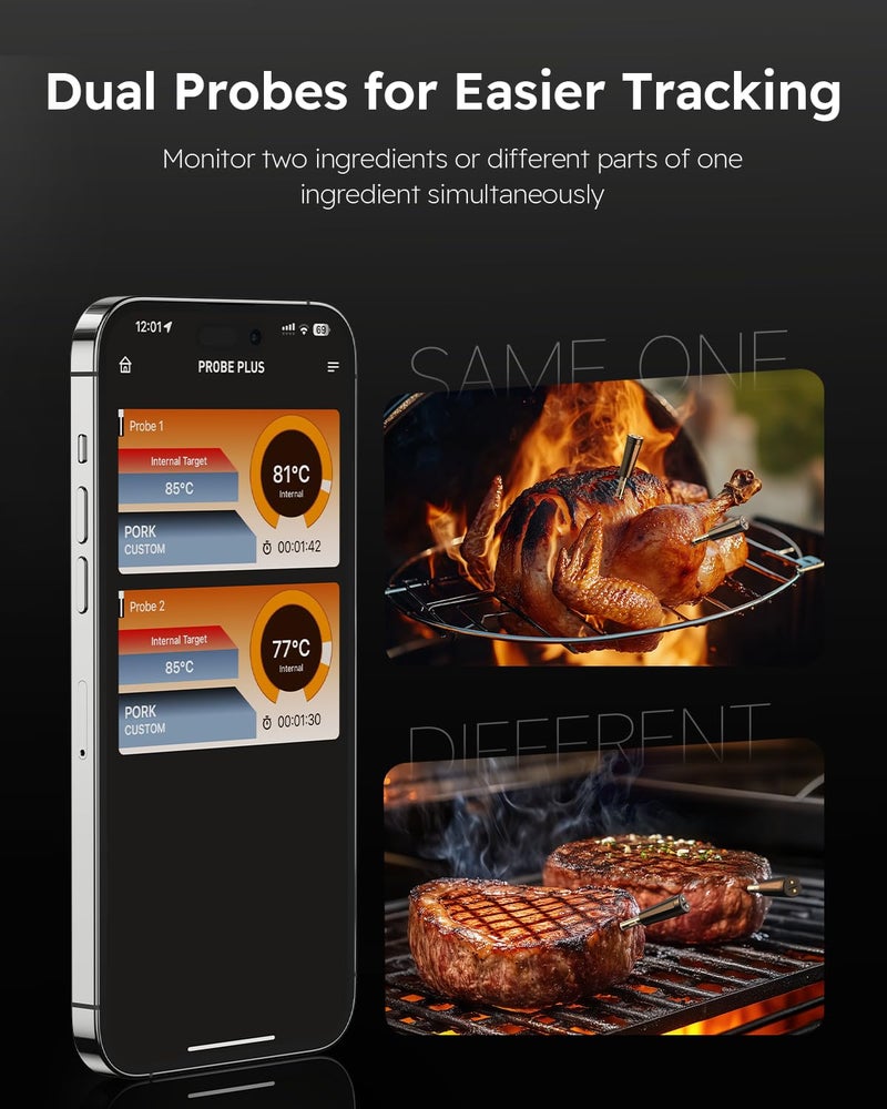 KAMDKI Wireless Meat Thermometer with App Control, 600FT Bluetooth Range, Dual Probes & 6 Sensors, 0.5S Instant Read, LCD Display, IP67 Waterproof Real-Time Monitoring & Smart Alerts for BBQ, Grill, Oven - Image 5