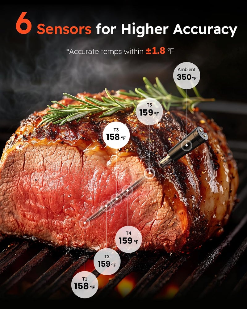 KAMDKI Wireless Meat Thermometer with App Control, 600FT Bluetooth Range, Dual Probes & 6 Sensors, 0.5S Instant Read, LCD Display, IP67 Waterproof Real-Time Monitoring & Smart Alerts for BBQ, Grill, Oven - Image 2