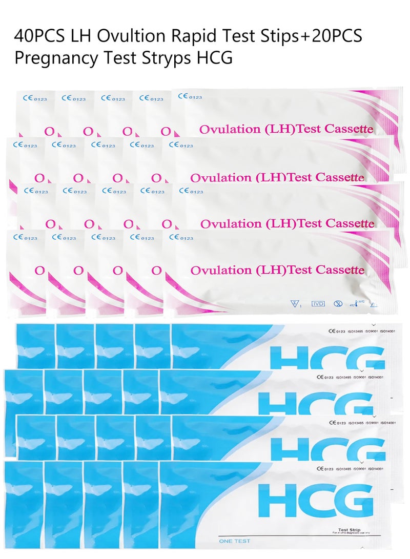 HCG مجموعة من 60 شريط اختبار الحمل HCG و LH لاختبارات التبويض السريعة، اختبار تشخيص الخصوبة في المنزل واختبار الكشف المبكر السريع للحمل، مجموعة اختبارات الحمل المبكر.  - Image 1