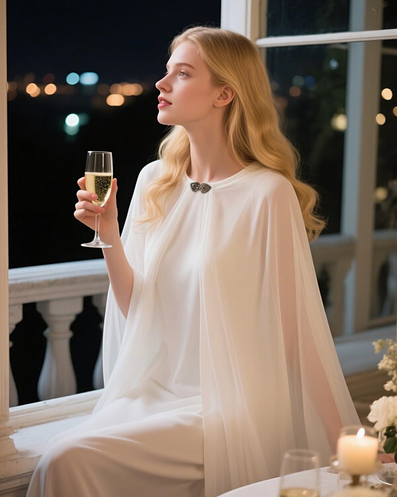 L'VOW White Cloak Chiffon Cape Women's Shoulder Tulle Cape Bridal Sheer Shawl Halloween Party Wedding Cosplay - Image 3