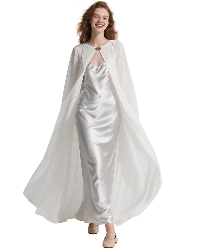 L'VOW White Cloak Chiffon Cape Women's Shoulder Tulle Cape Bridal Sheer Shawl Halloween Party Wedding Cosplay - Image 1