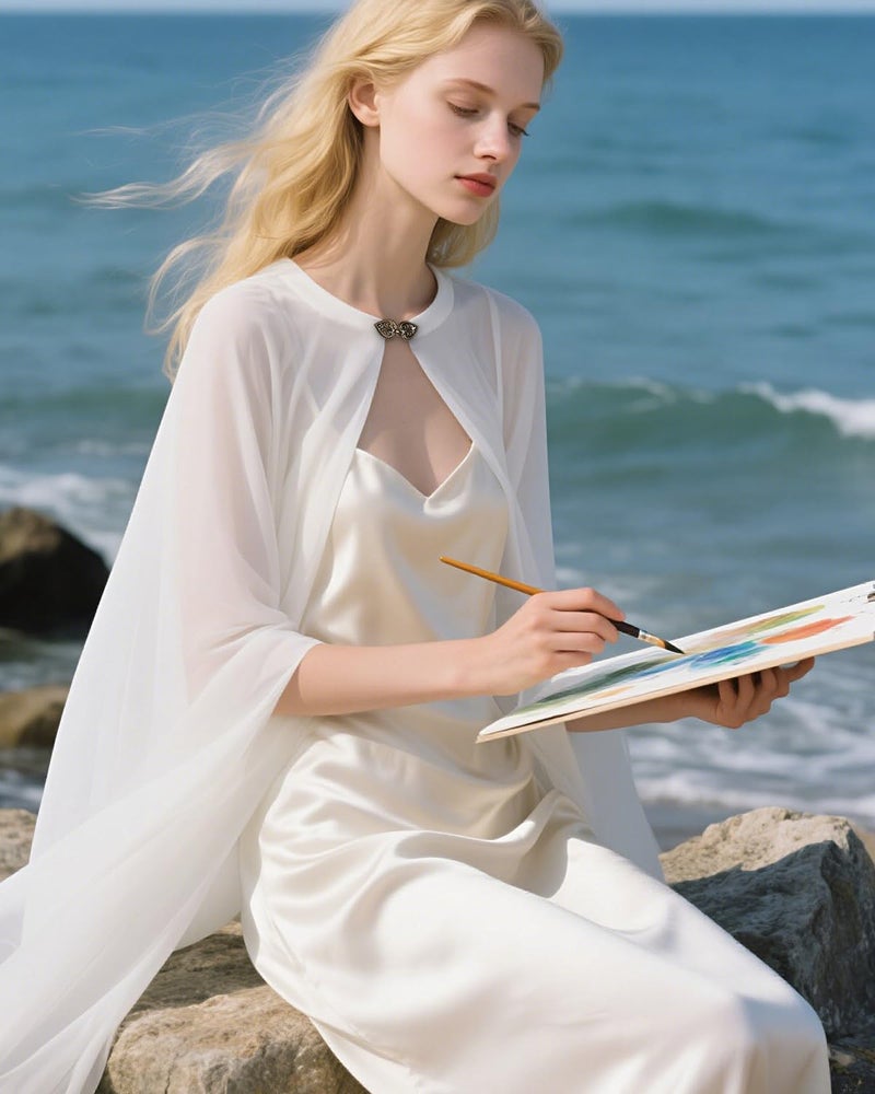 L'VOW White Cloak Chiffon Cape Women's Shoulder Tulle Cape Bridal Sheer Shawl Halloween Party Wedding Cosplay - Image 2