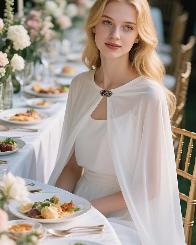 L'VOW White Cloak Chiffon Cape Women's Shoulder Tulle Cape Bridal Sheer Shawl Halloween Party Wedding Cosplay - Image 4
