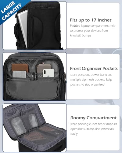 Hynes Eagle 44L Carry on Backpack Airline Approved Travel Backpack for Men Women Large Laptop Backpack 17 inch Nylon Backpack Overnight Weekender Bag Black - Image 2