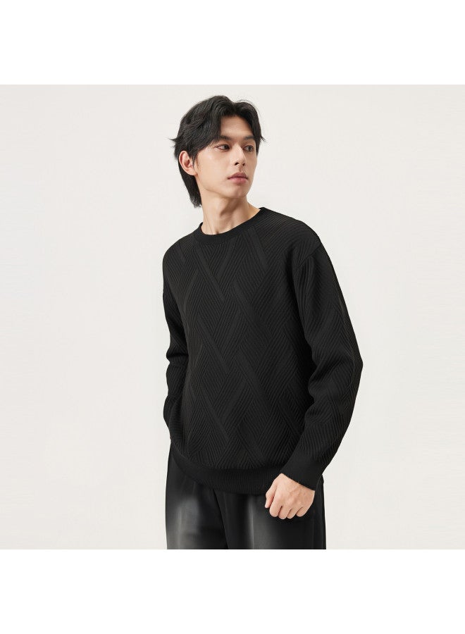 Gxg.Jeans Years Autumn New Product Black Texture Jacquard Cashmere Blend Loose Round Neck Sweater - Image 4