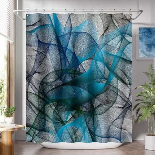 AmazerBath Shower Curtain Blue Abstract Black Striped Cloth Shower Curtain Sets with 12 Shower Curtain Hooks Luxury Rustic Fabric Washable Shower Curtain for Bathroom Home Decor 72x72 Inches - Image 1