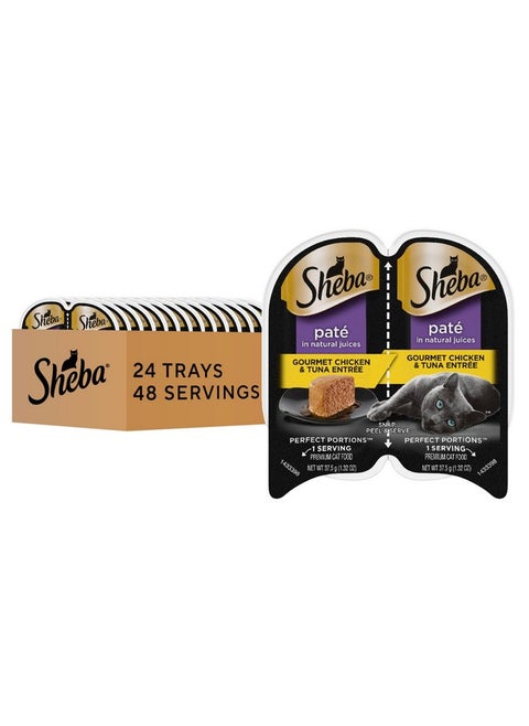 Sheba Perfect Portions Paté Wet Cat Food Trays (24 Count, 48 Servings), Gourmet Chicken and Tuna Entrée, Easy Peel Twin-Pack Trays