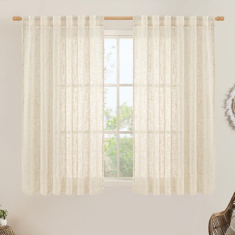 LAMIT Beige Linen Curtains 45 Inches Long for Bedroom, Light Filtering Panels Back Tab and Rod Pocket Neutral Drapes for Kitchen/Window/Loft Room, 52 x 45 Inch, 2 Panels - Image 1
