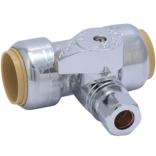SharkBite 3/4 x 3/4 x 3/8 Inch Compression Tee Stop Valve, Push to Connect Brass Plumbing Fitting, PEX Pipe, Copper, CPVC, PE-RT, HDPE, 24986A - Image 1