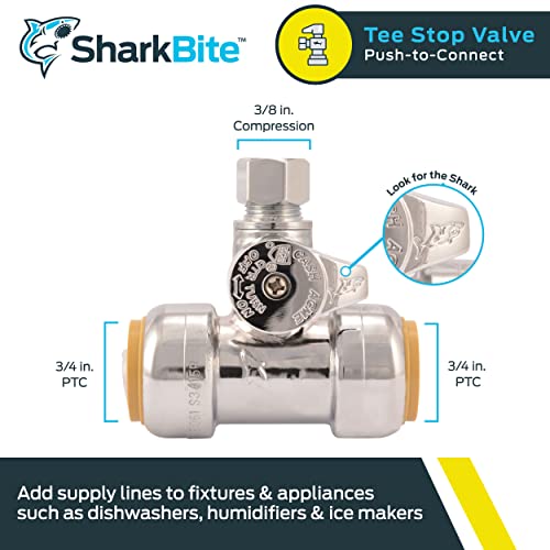SharkBite 3/4 x 3/4 x 3/8 Inch Compression Tee Stop Valve, Push to Connect Brass Plumbing Fitting, PEX Pipe, Copper, CPVC, PE-RT, HDPE, 24986A - Image 2