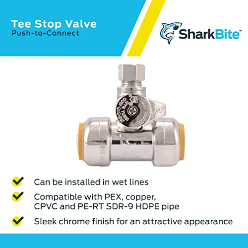 SharkBite 3/4 x 3/4 x 3/8 Inch Compression Tee Stop Valve, Push to Connect Brass Plumbing Fitting, PEX Pipe, Copper, CPVC, PE-RT, HDPE, 24986A - Image 4